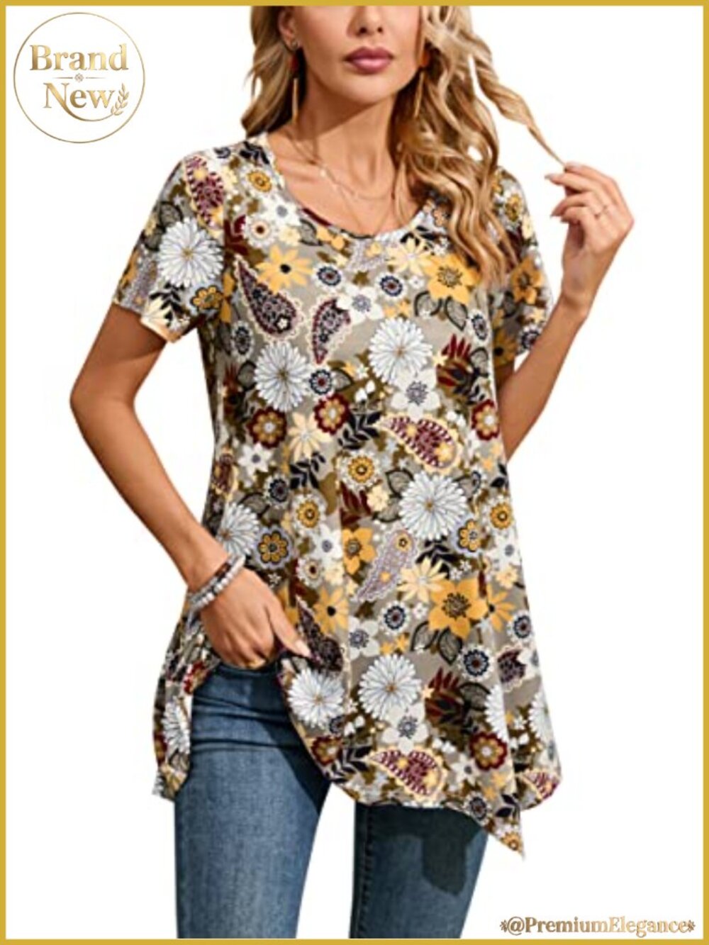 Plus Size Tunic Top Women Loose Fit Short Sleeve A-Line Asymmetrical Hem Dressy